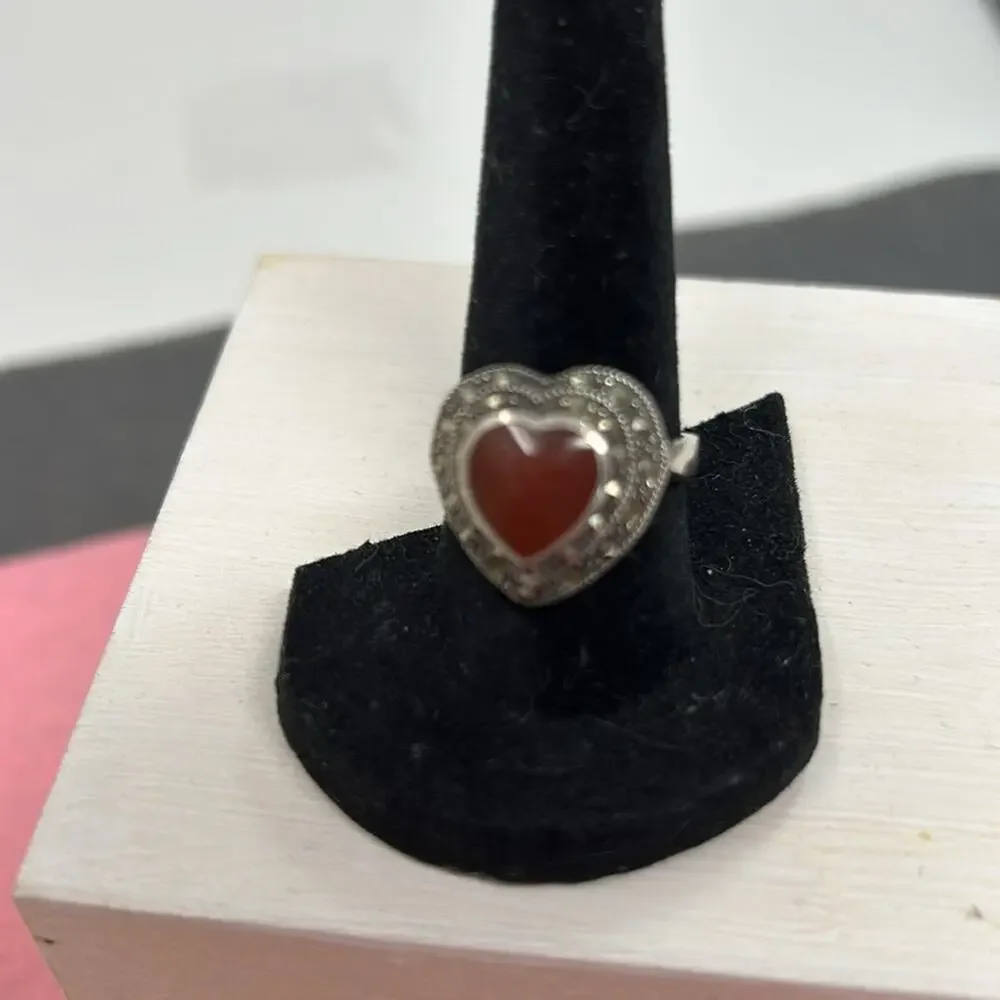 Vintage Sterling Silver Natural Carnelian and Marcasite Heart Shaped Ring Size 8